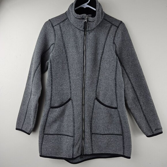 EDDIE BAUER FULL ZIP LONG JACKET Womens S Stretch Knit Gray Outdoors Hiking - Picture 1 of 15